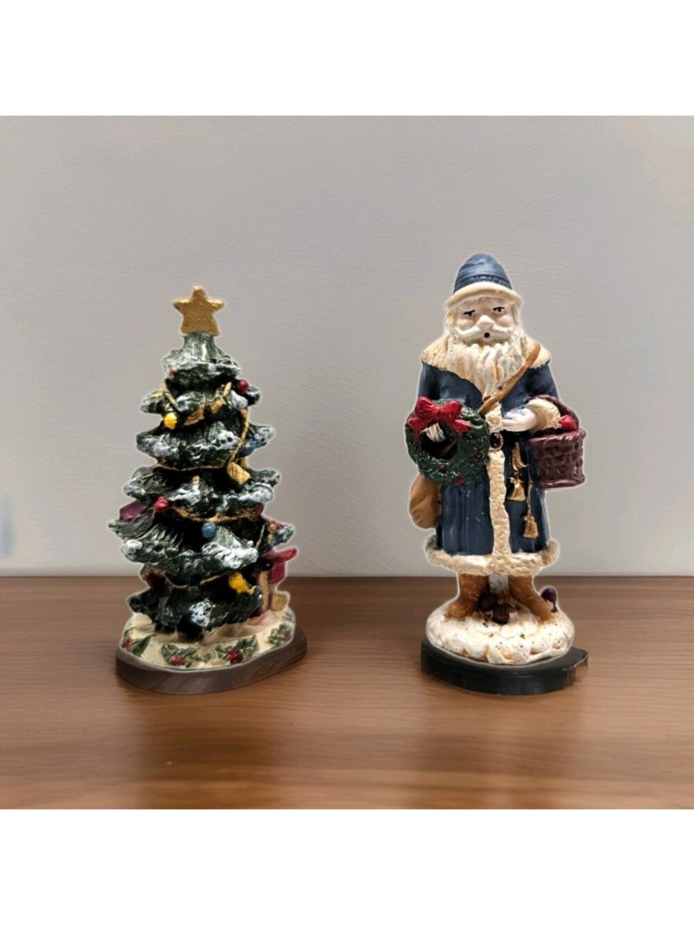 2 Vintage Painted Pewter Santa Claus in Blue Coat & Christmas Tree Small Statue